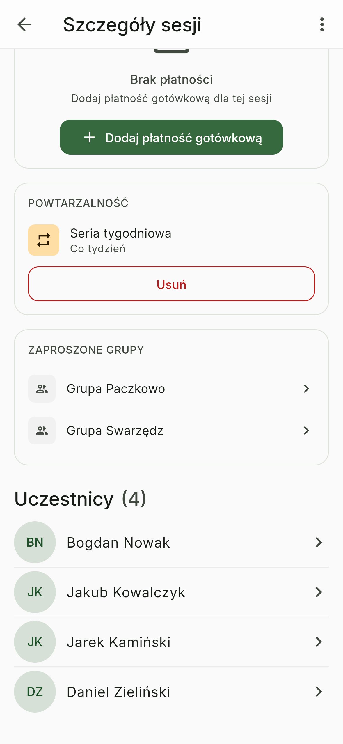 Szczegóły sesji z listą uczestników i opcją płatności gotówkowej