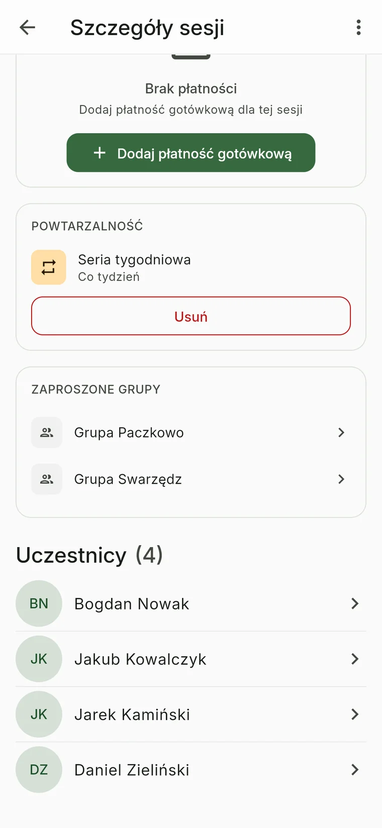 Szczegóły sesji z listą uczestników i opcją płatności gotówkowej