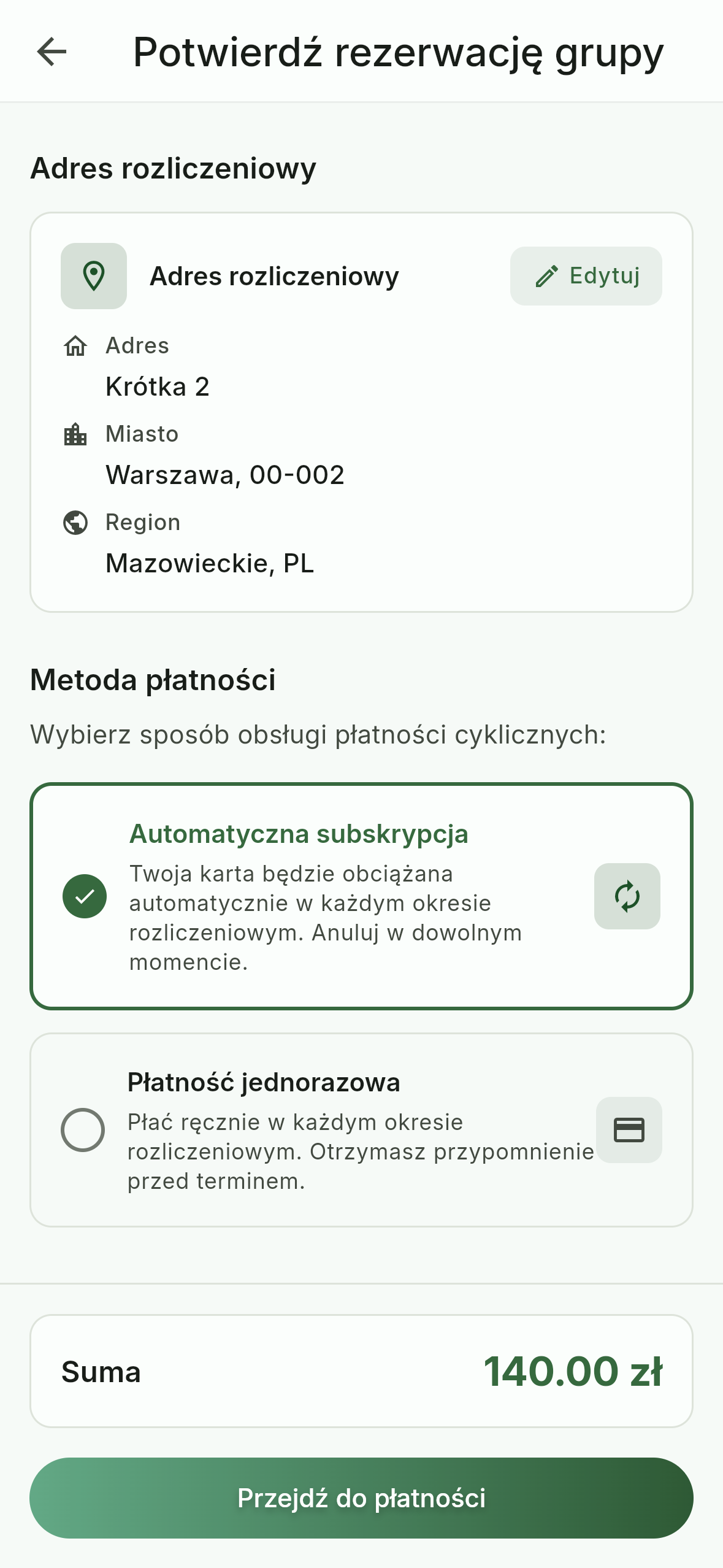 Wybór metody płatności — automatyczna subskrypcja lub jednorazowa