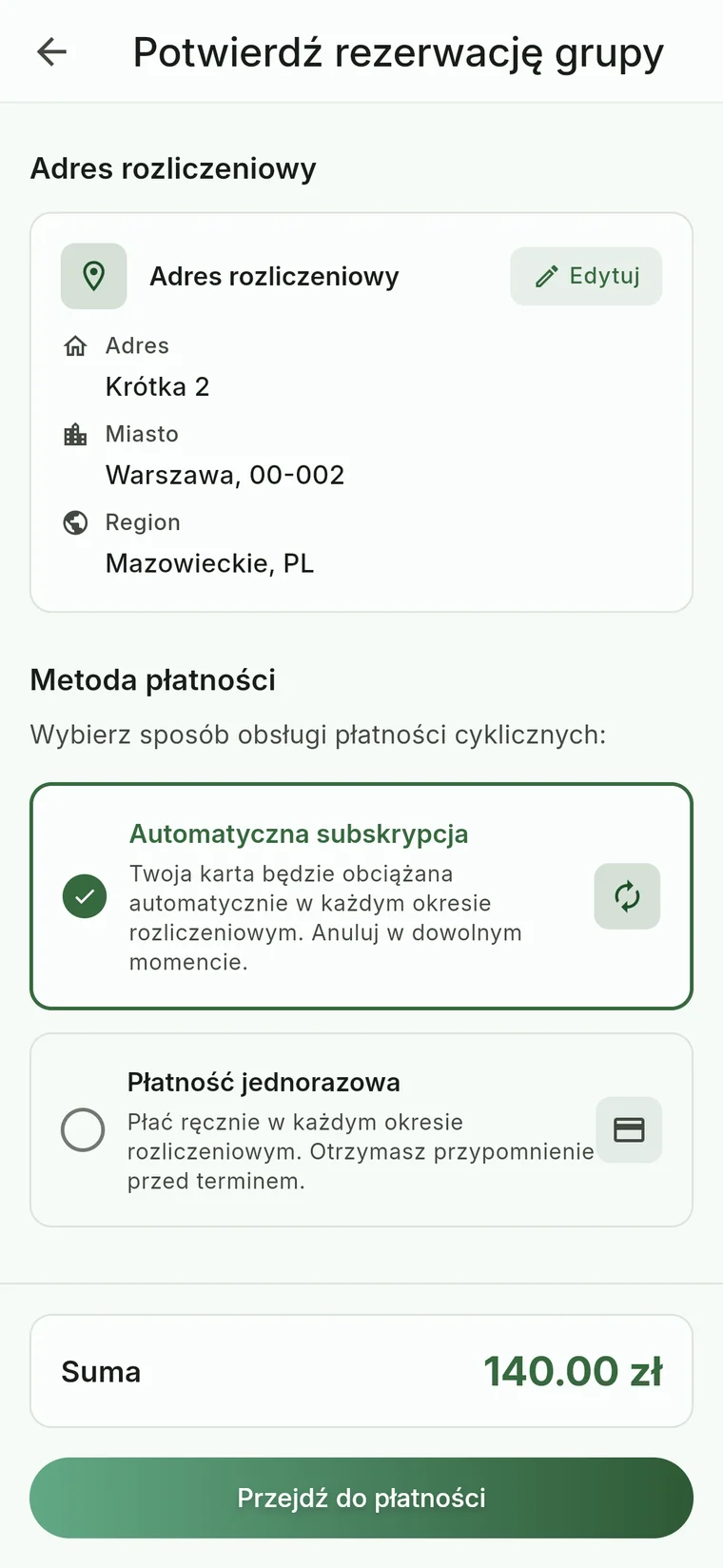 Wybór metody płatności — automatyczna subskrypcja lub jednorazowa