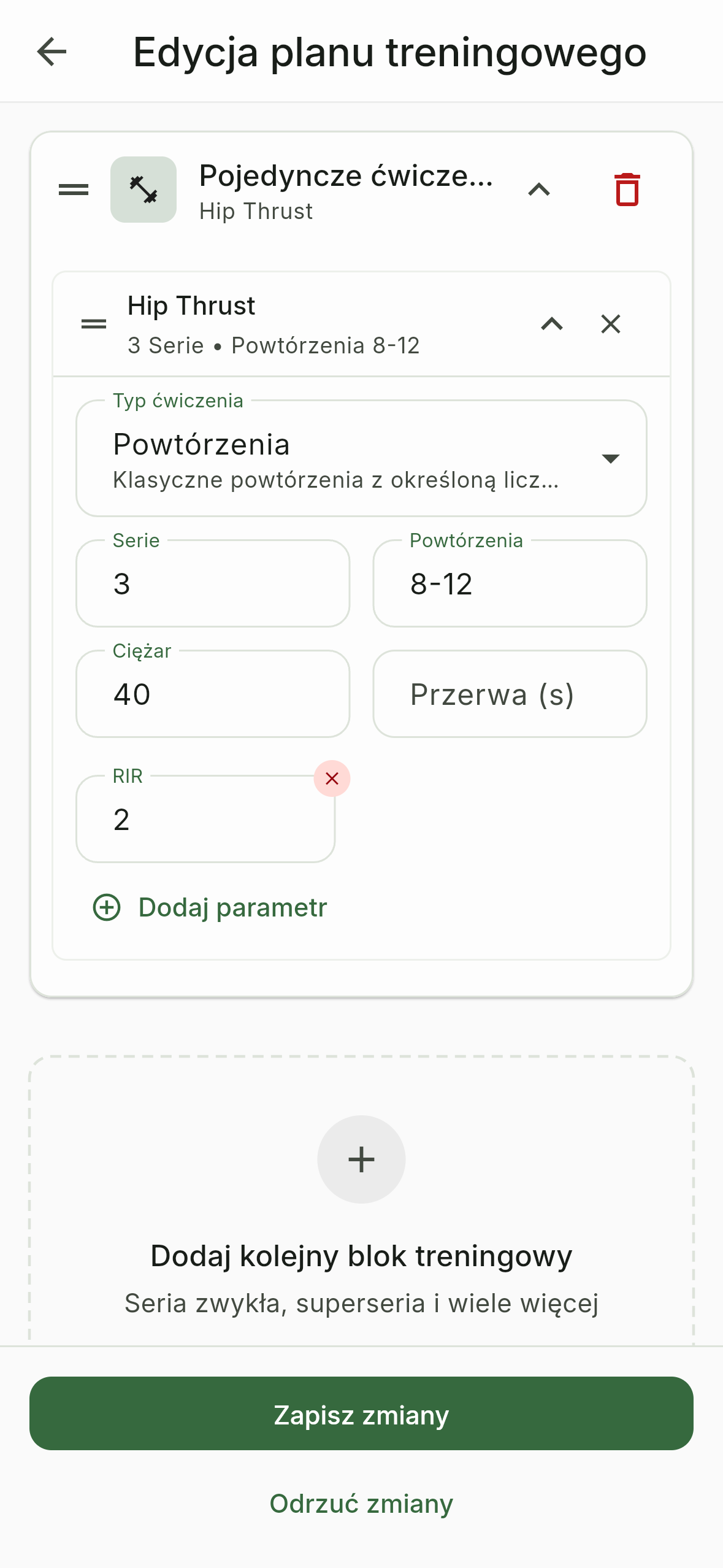 Edytor planu treningowego z parametrami ćwiczenia