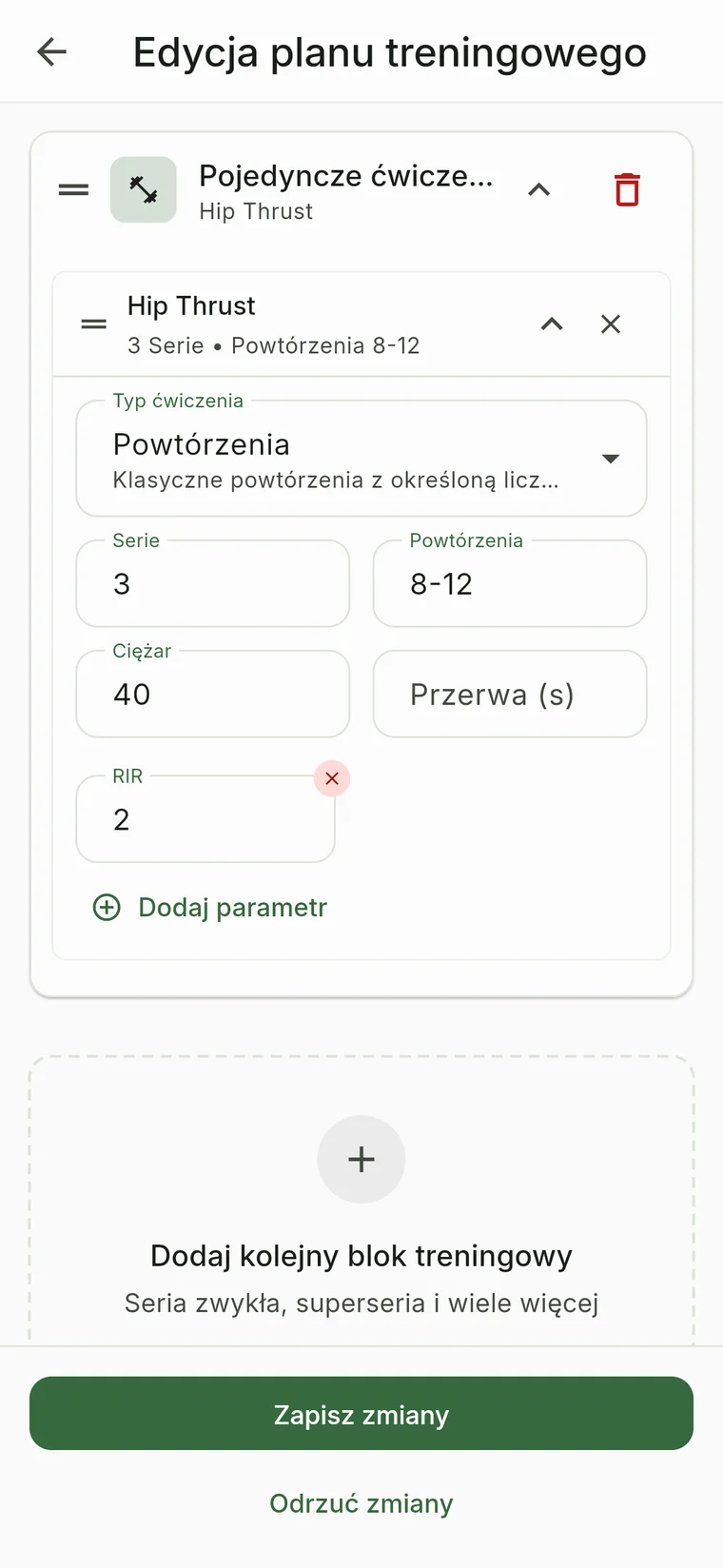 Edytor planu treningowego z parametrami ćwiczenia